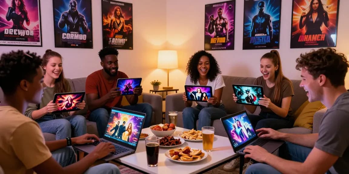 Group enjoying game sex online with laptops and snacks in cozy living room.