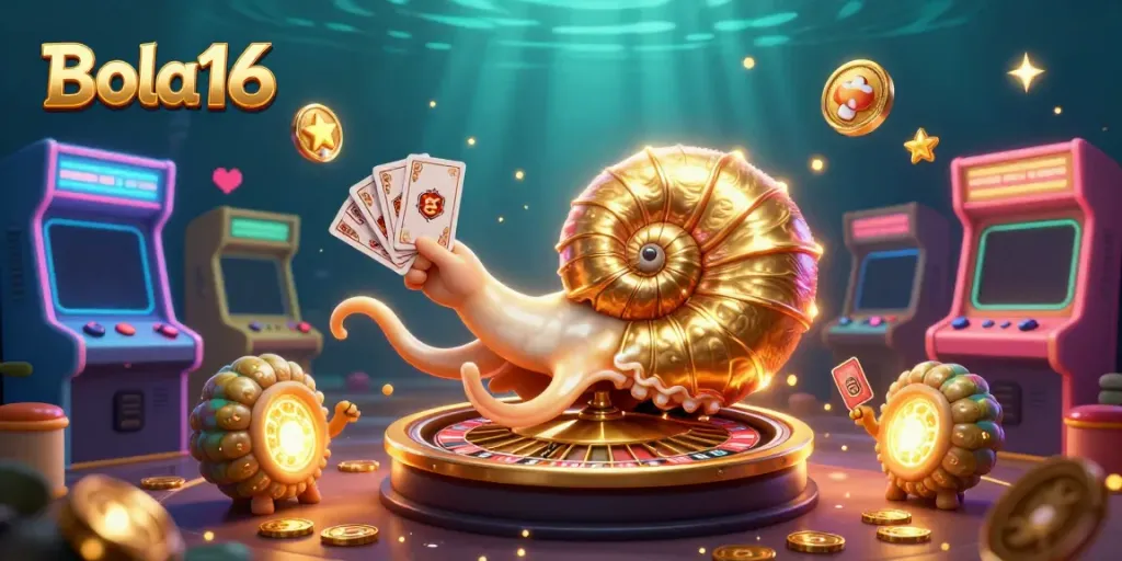 Bola16 showcases an enchanting 3D nautilus roulette wheel with glowing ammonite companions in an immersive casino scene.