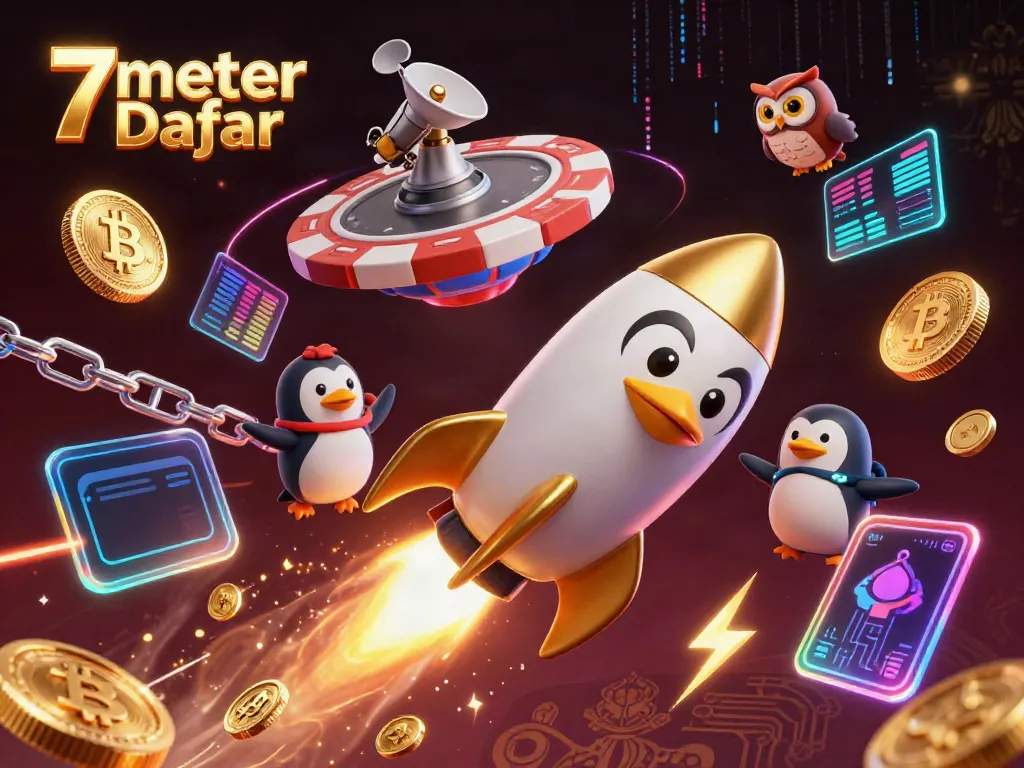 Join the excitement of 7meter Daftar with vibrant casino-themed 3D illustration of a rocket-powered penguin and crypto elements.