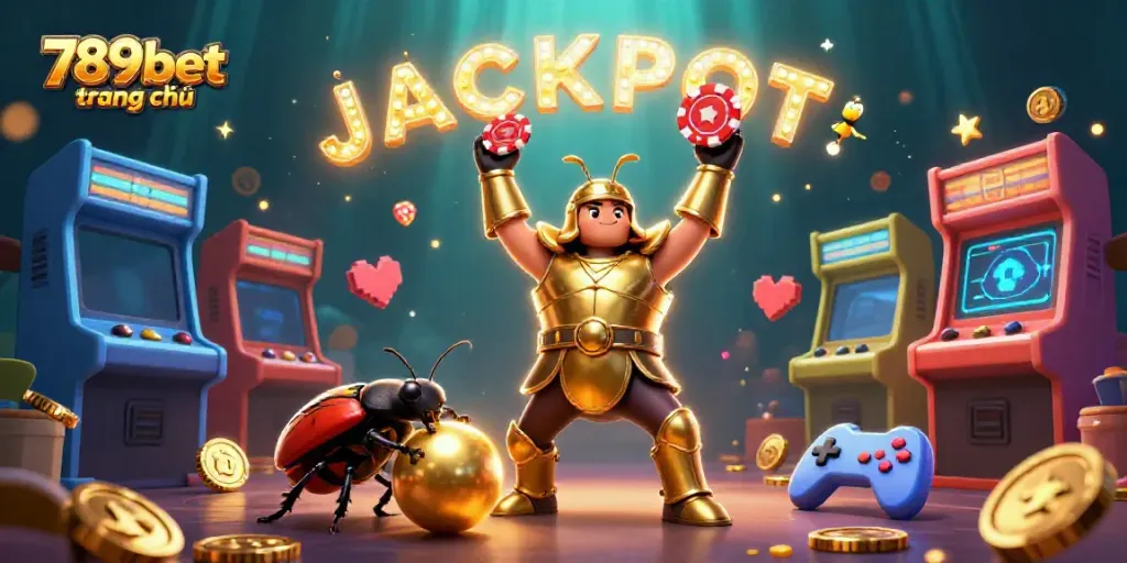 Experience the excitement of 789bet trang chủ with a colorful 3D illustration featuring a victorious beetle and jackpot elements.