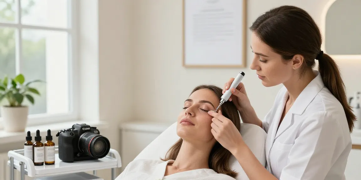 Client receiving CCeye® treatment to effectively remove Augenringe in a bright beauty clinic.