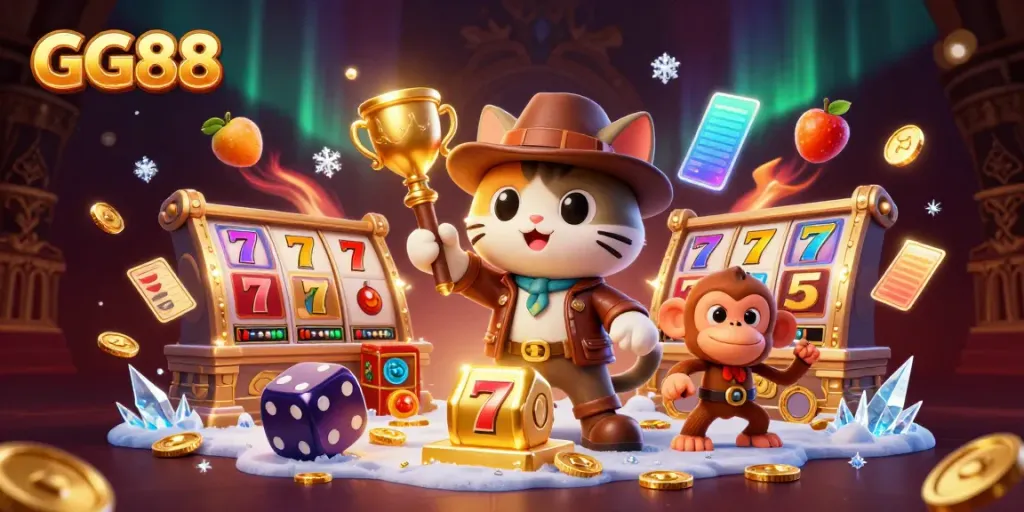 Experience GG88 with a 3D cat explorer uncovering casino treasures amidst dynamic slot game elements.