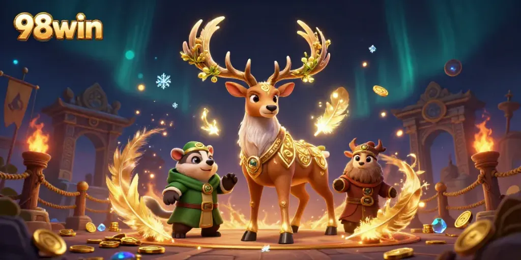 Experience vibrant 98win casino action with a druid stag and badger in a mystical scene.