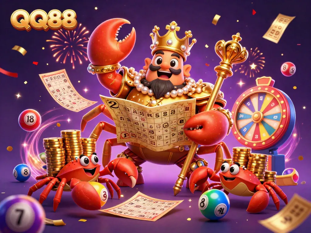 Experience the thrilling world of QQ88 with a vibrant scene featuring a golden crab emperor holding a treasure map.