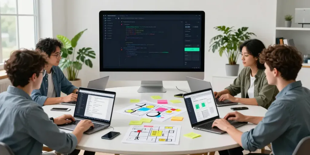 Collaboration scene at apktodo’s Android development workspace with developers and app design tools.