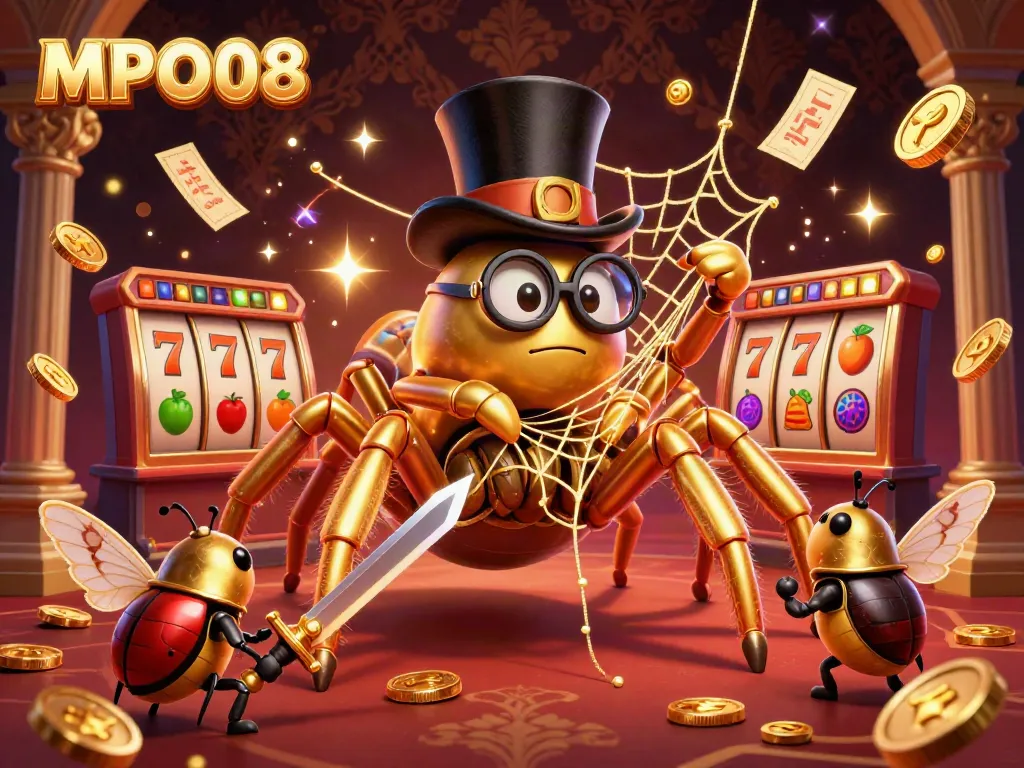 MPO08 showcases a thrilling game scene with a giant golden tarantula weaving its lucky web alongside a beetle knight and slot elements.