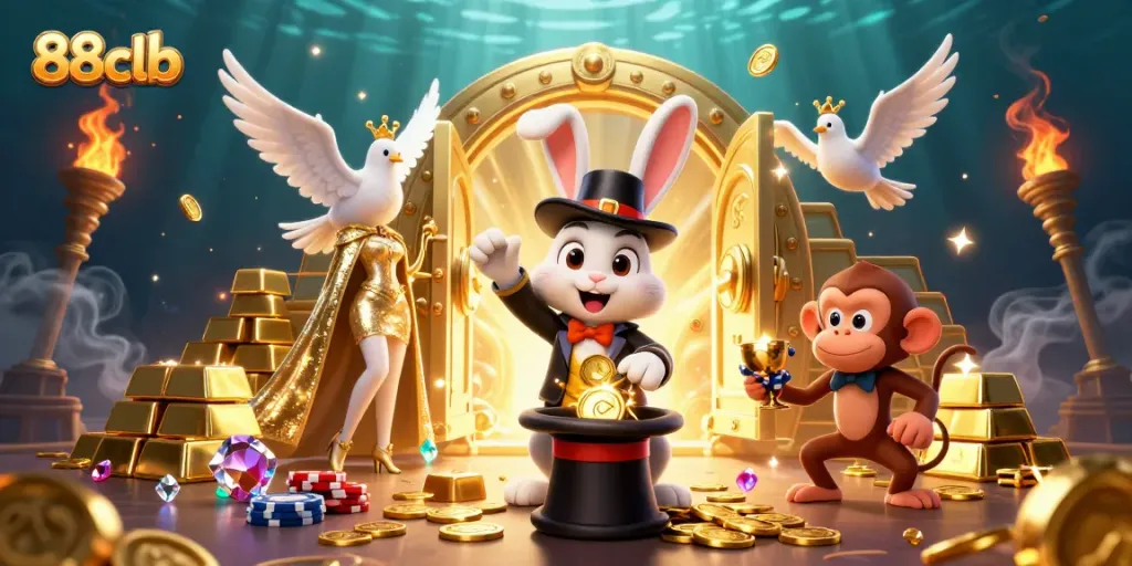 Engage in the magic of 88clb's casino adventure with a playful scene of animated characters and treasure.