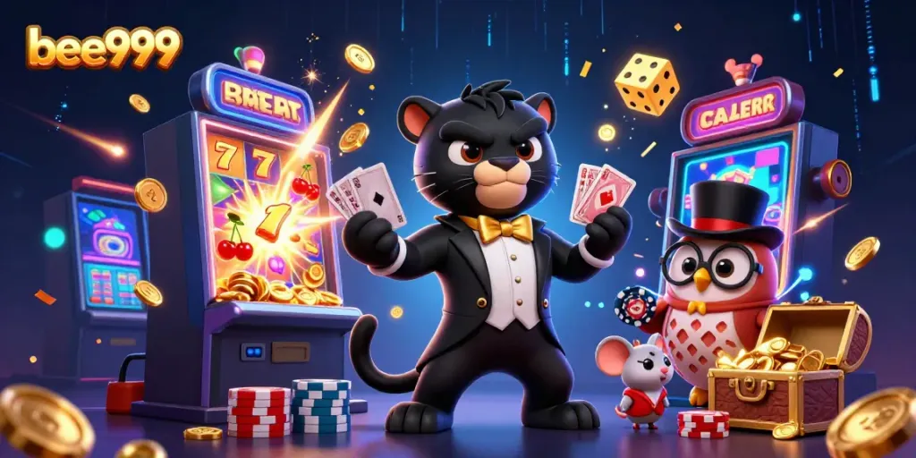 Join the excitement with bee999 as a stylish panther, owl, and mouse bring a casino scene to life!