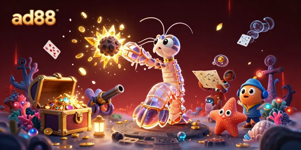 Experience ad88's thrilling world where a galactic mantis shrimp uncovers riches while exploding asteroids transform into golden treasures.