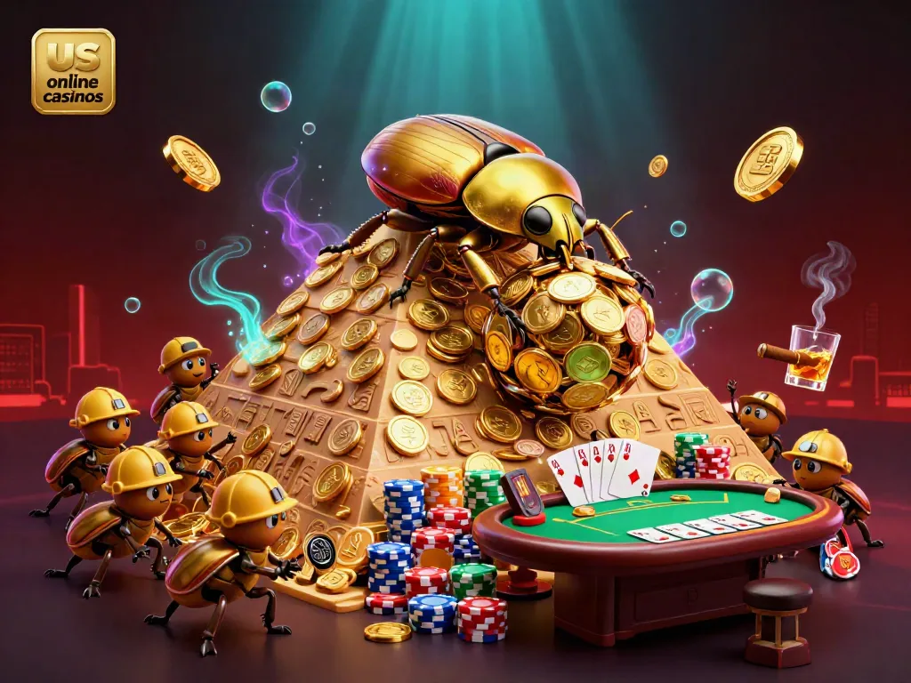 Experience vibrant gameplay at us online casinos with a dynamic casino-themed scene featuring a golden beetle.