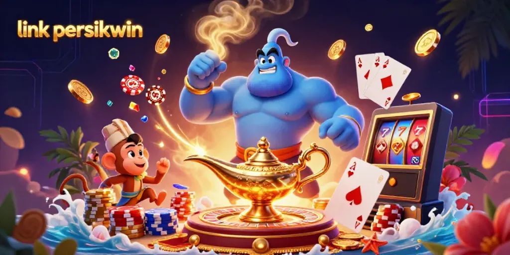 Menangkan permainan di link persikwin dengan ilustrasi kasino yang penuh warna dan energik.