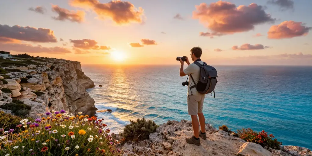 Experience the Malta Gozo tour with a traveler on cliffs overlooking the Mediterranean Sea at sunset.