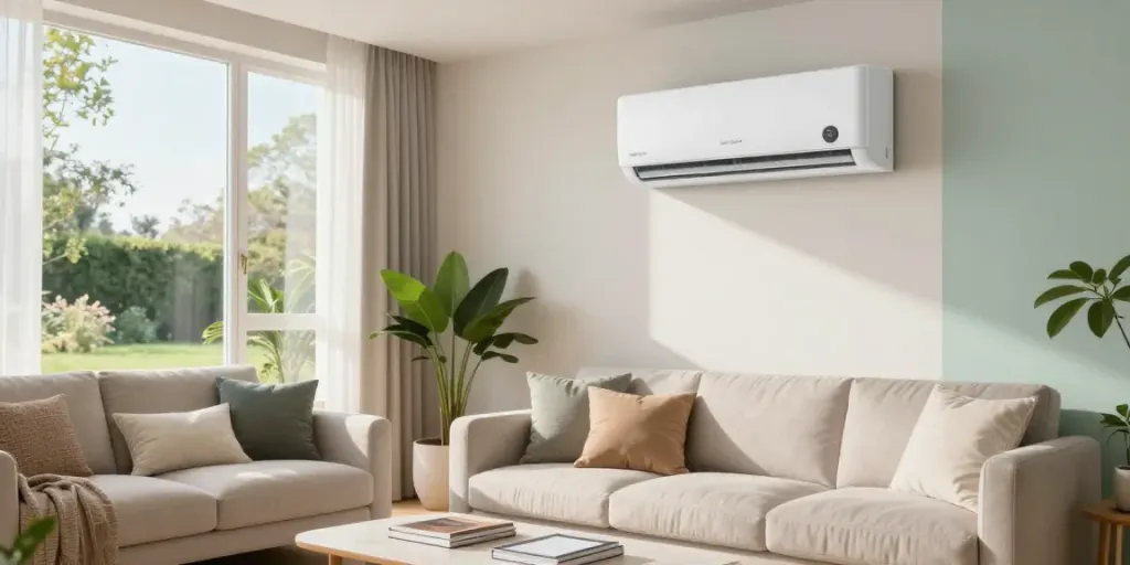 Stylish mini split AC unit in a bright living room, enhancing comfort.