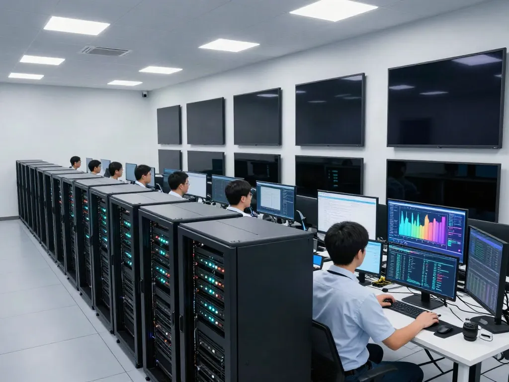 AI data center with GPU servers and technicians monitoring systems in a modern, high-tech environment.