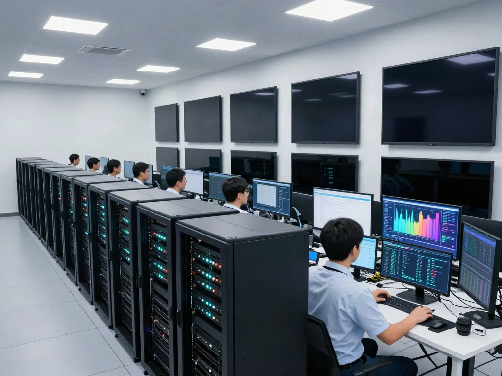 AI data center with GPU servers and technicians monitoring systems in a modern, high-tech environment.