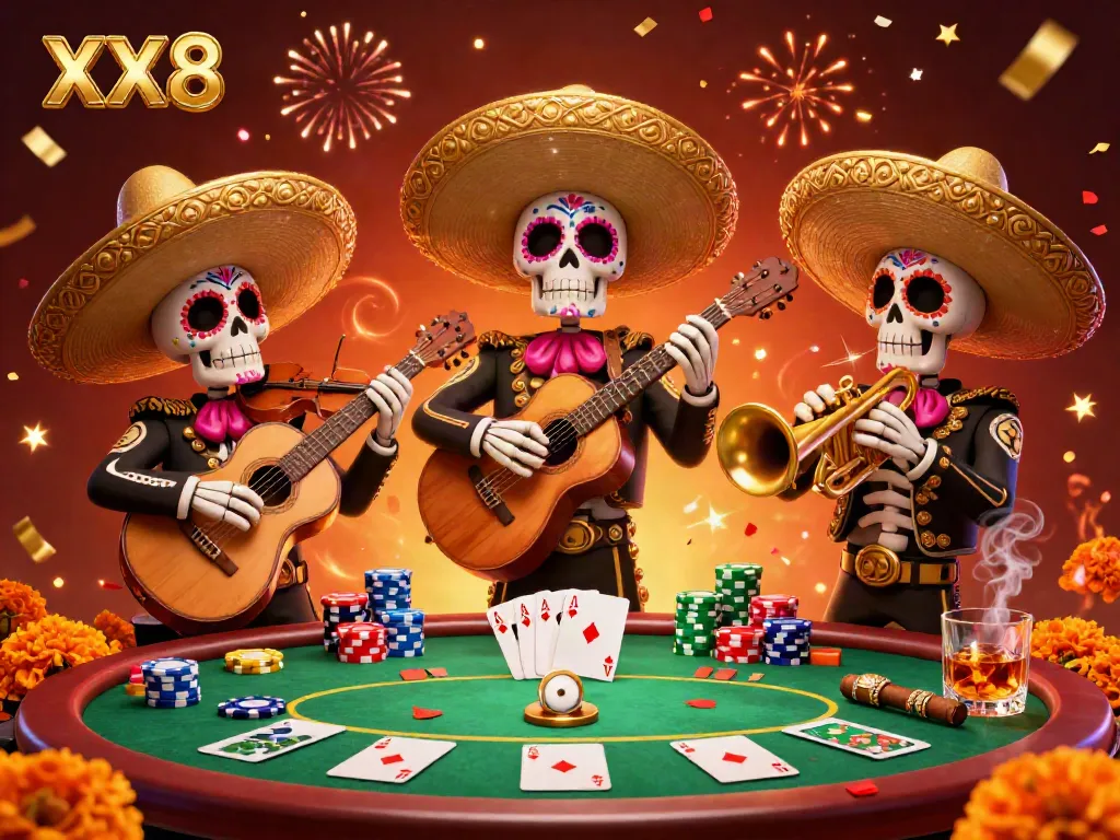 Join the celebration at XX8 poker with vibrant skeleton mariachi musicians surrounded by colorful chips and cards.