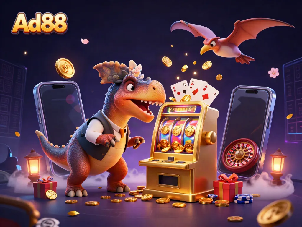 Ad88 brings excitement to slot gaming with a playful dinosaur and a thrilling casino setting.