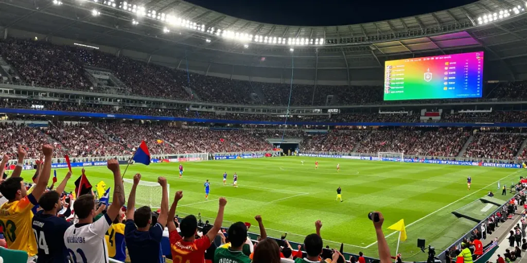 Exciting stadium scene celebrating a goal, featuring vibrant crowd and players, showcasing the thrill of TOP10สนาม.