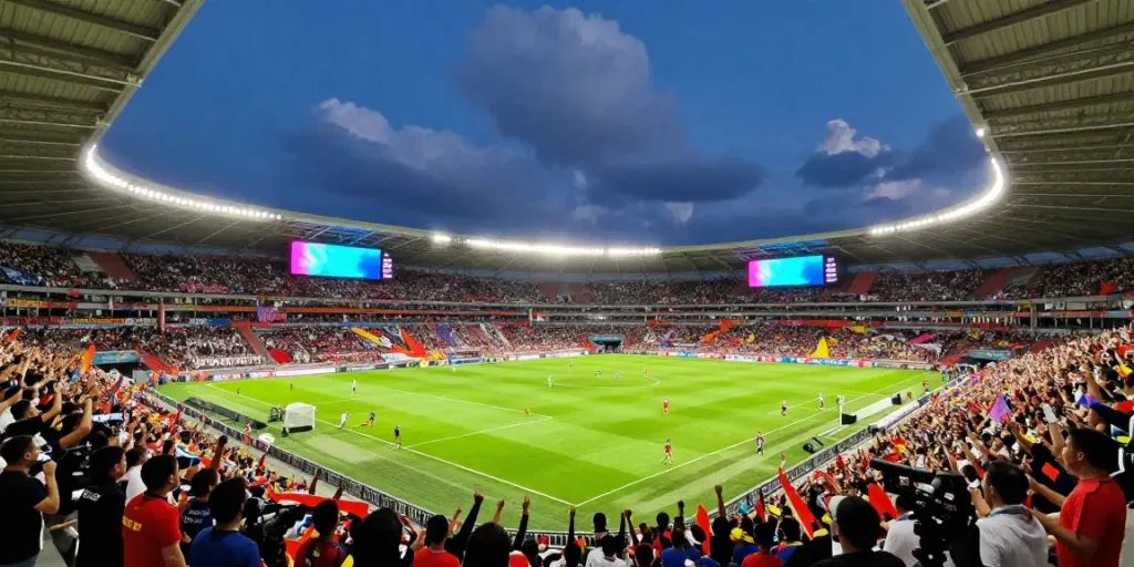 A vibrant crowd at a football stadium for the TOP10สนาม event, players in action under floodlights.
