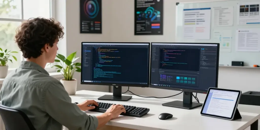 Discover the vibrant coding environment at https://notepad-app.co/ featuring dual monitors, coding interfaces, and a modern workspace.