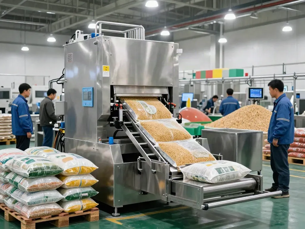 Open mouth bag filling machine efficiently packaging grains in a modern factory.
