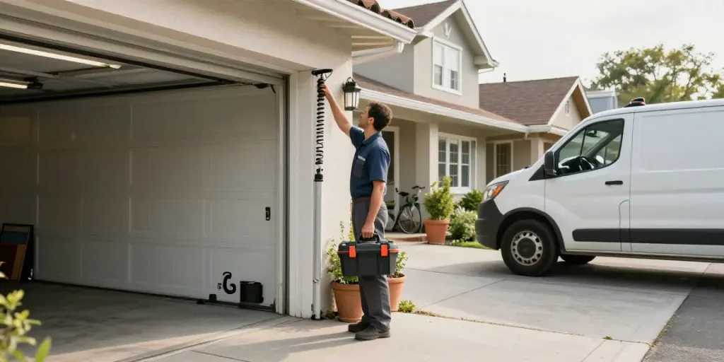 Technician examining a garage door spring broken in a residential area, showcasing expert repair service.