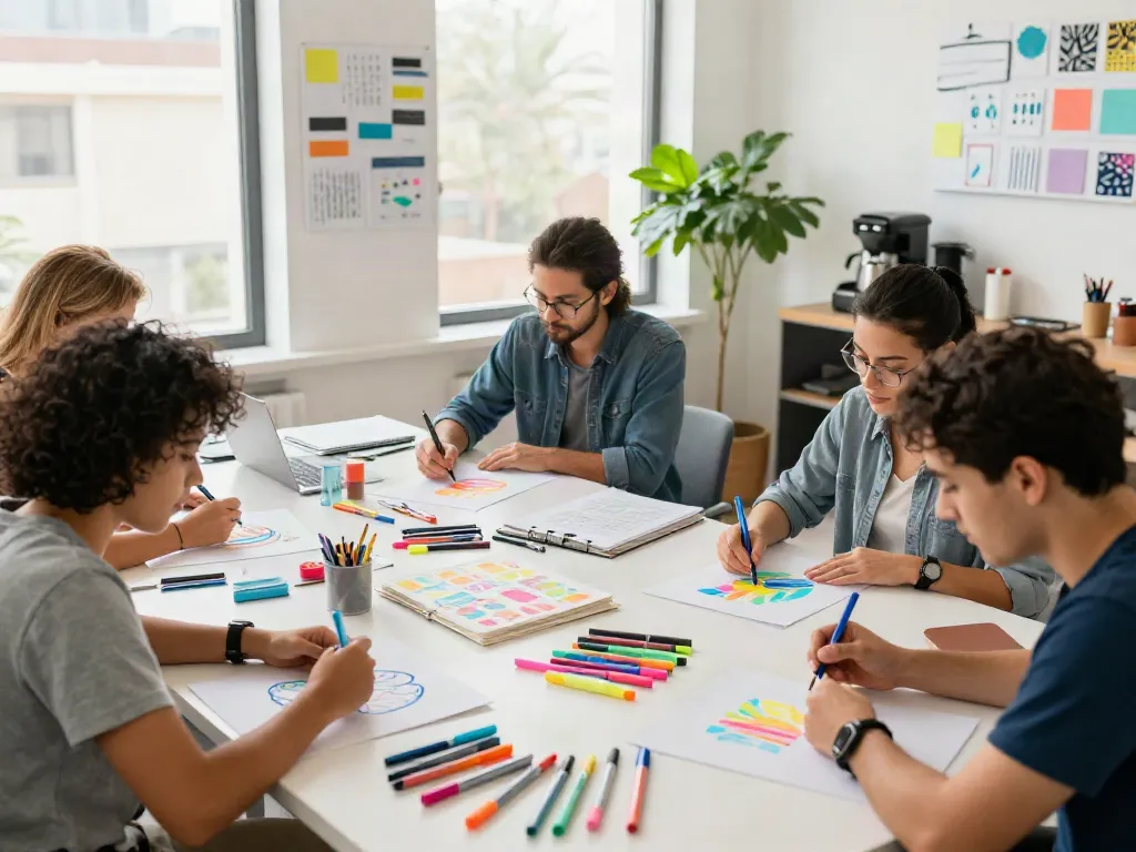 Highlighter manufacturer showcasing diverse team collaborating on vibrant highlighter designs in creative workspace.