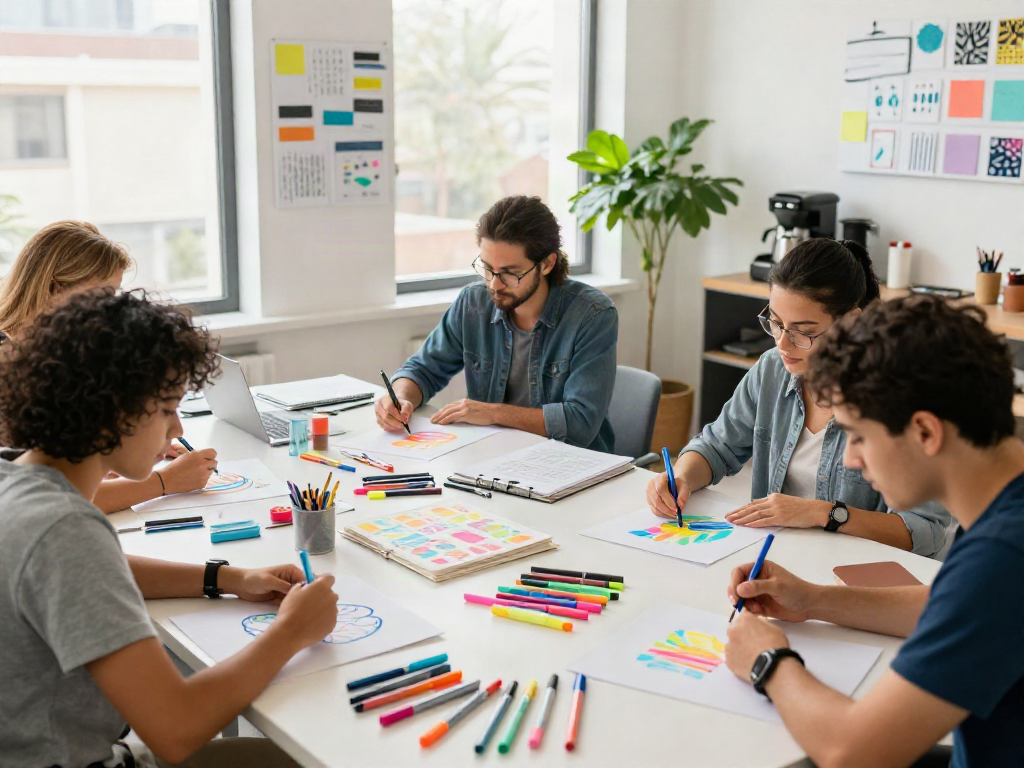 Highlighter manufacturer showcasing diverse team collaborating on vibrant highlighter designs in creative workspace.