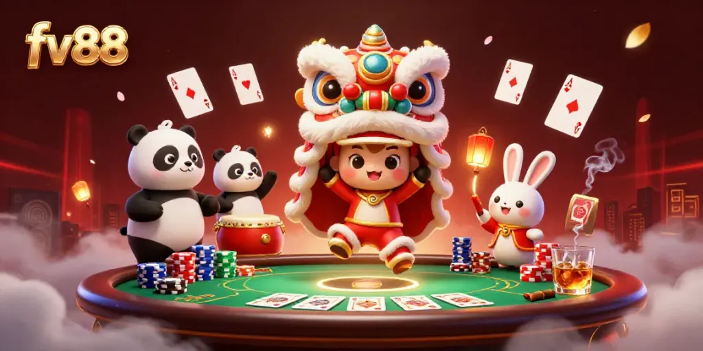 Engage with the vibrant casino atmosphere of fv 88 featuring a lion dance and poker elements.