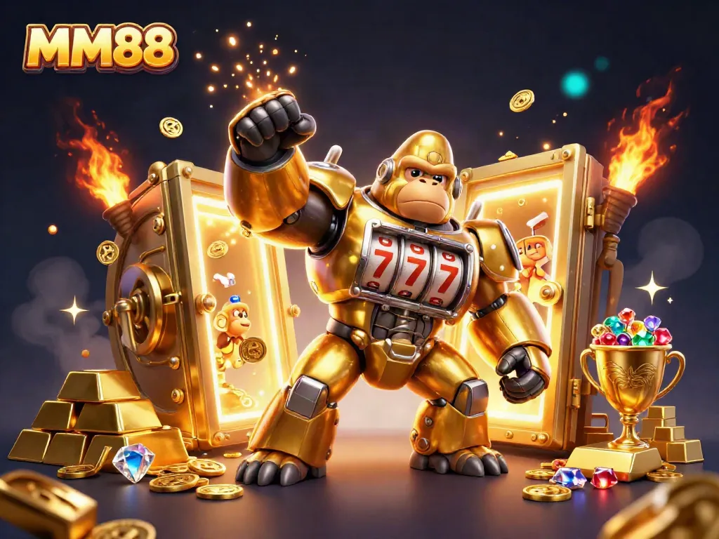 Experience the exciting world of MM88 casino with a golden gorilla mech and treasures.