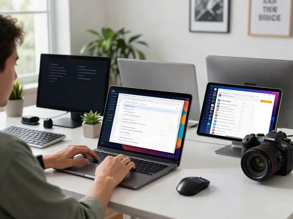Dynamic scene of a user exploring 링크모음 on a laptop in a modern office.
