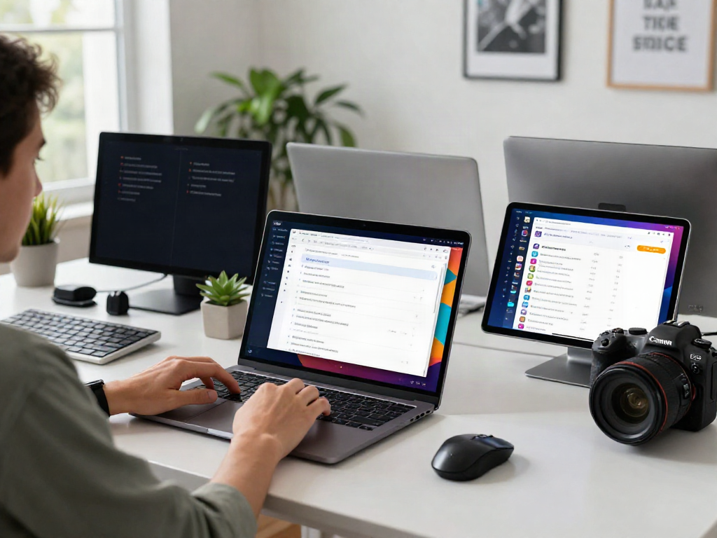 Dynamic scene of a user exploring 링크모음 on a laptop in a modern office.