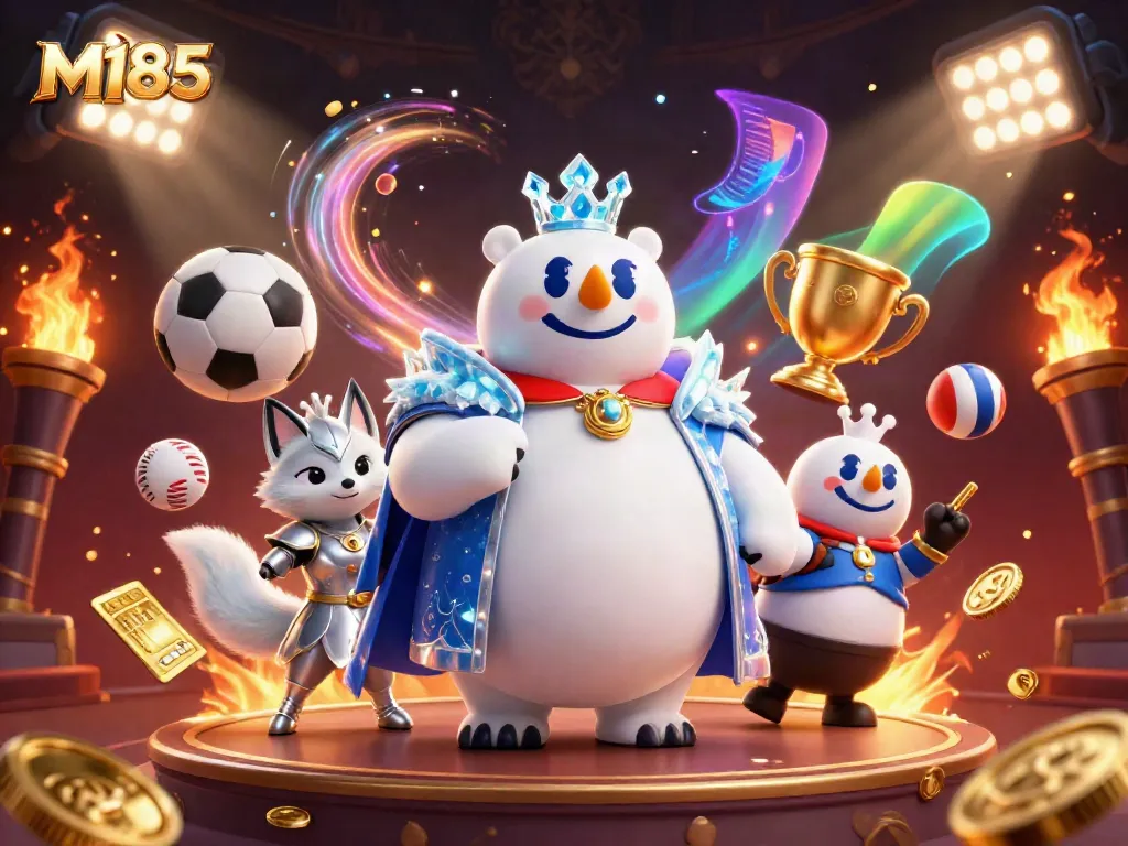 Experience M185 action with a vibrant 3D casino scene featuring a polar bear king and sports elements.