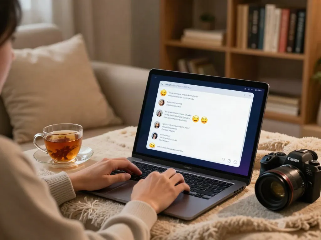 Engaging ai sex chat on a laptop in a cozy home environment.