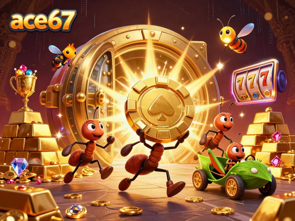 A captivating scene of ace67's charming heist, featuring ants with a golden poker chip amidst vibrant casino symbols.