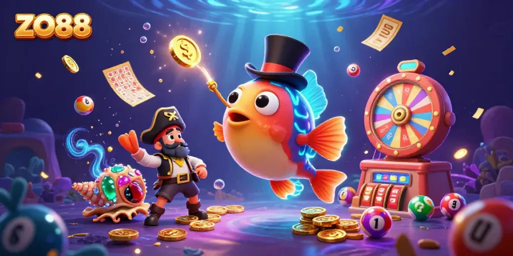 Attract golden coins with ZO88 in a vibrant, dynamic underwater casino scene featuring vivid characters and game elements.