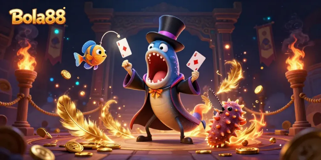 Engaging illustration showing Bola88 themed characters performing magic tricks amidst a gambling atmosphere.