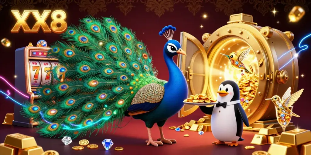 Win big at XX8 with a vibrant casino scene showcasing a peacock, penguin, and hummingbird amidst gold and jewels.