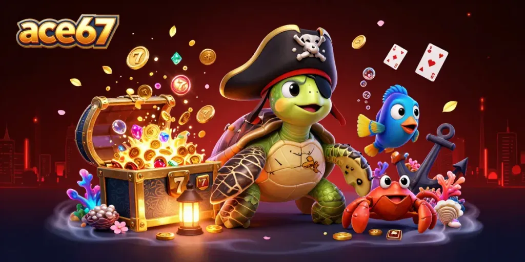 Engage in thrilling gameplay with ace67's vibrant 3D illustration of pirate-themed characters amidst slot machines and treasure.