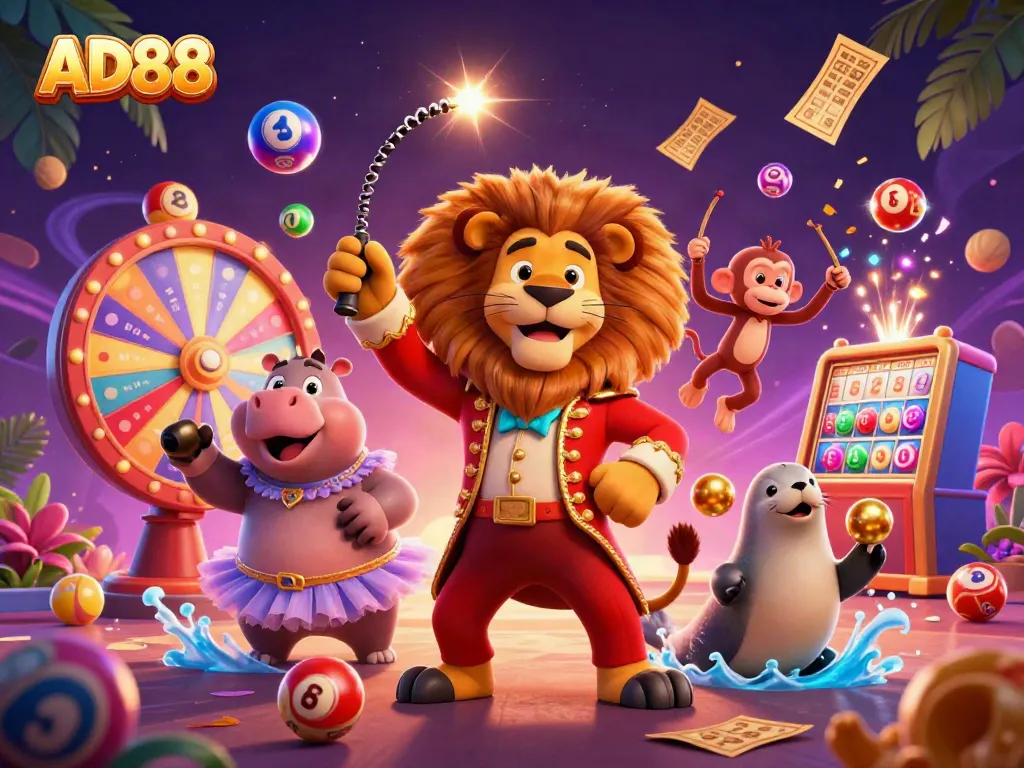 Experience the excitement of AD88 casino games with vibrant characters and dynamic elements celebrating a winning atmosphere.
