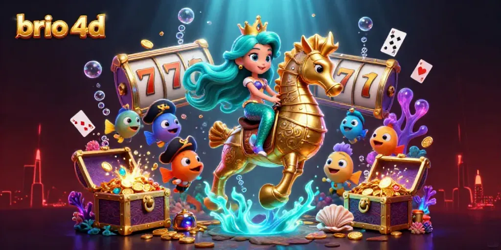 Experience vibrant gaming with brio 4d showcases colorful slots, featuring a mermaid and seahorse amidst treasures.
