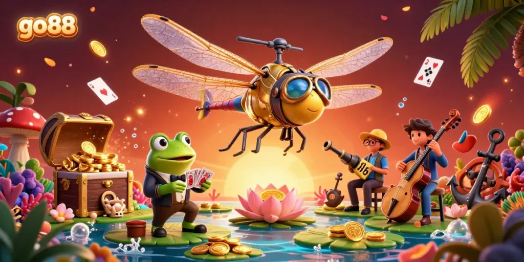 Celebrate wins with go88 as the colorful dragonfly pilot oversees a lively lily pad casino, with cards and gold coins flying around.