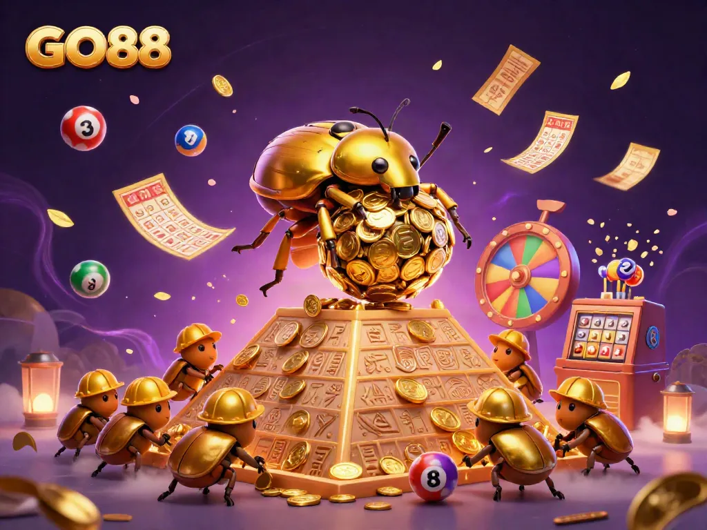GO88 features a massive golden beetle rolling coins in a dynamic casino-themed scene.