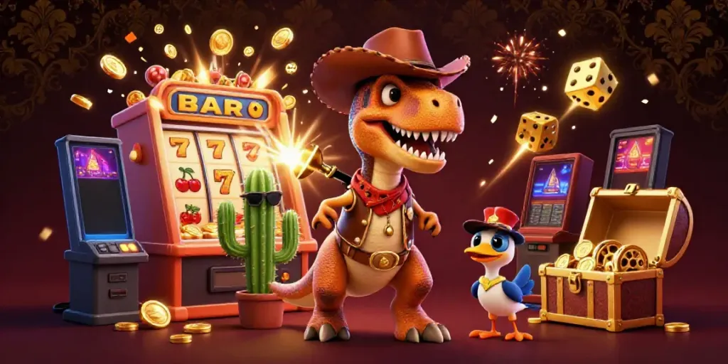 MPO08 showcases excitement with a dinosaur and friends celebrating casino wins amid a jackpot explosion.