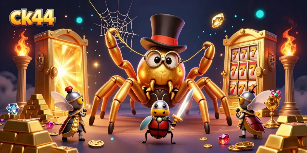 Experience thrilling gameplay with ck44 as a golden tarantula and insect heroes navigate a lively casino environment.