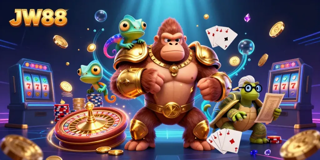 Experience thrilling action at JW88, featuring vibrant characters and dynamic casino action with coins and gems.
