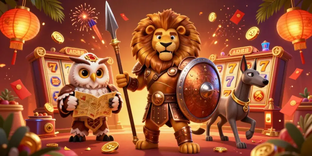 Join the thrilling world of AD88 featuring a lion champion and enchanting elements in a vibrant casino scene.