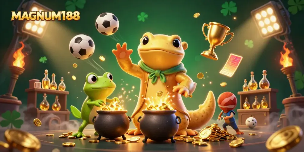 Experience the thrill of winning at MAGNUM188 with a golden salamander alchemist and sports elements