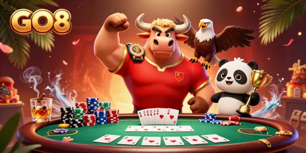 Play exciting poker with the GO8 mascot and friends celebrating a victory at the table!