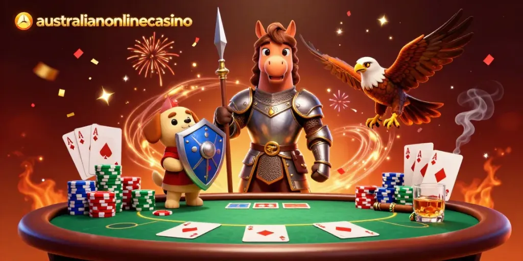 Experience top gaming action with australianonlinecasino featuring a knight, squire, and falcon at a poker table.